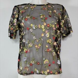 Flores Multicolor Floral Embroidered Mesh Short Sleeve T-Shirt Top Size L
